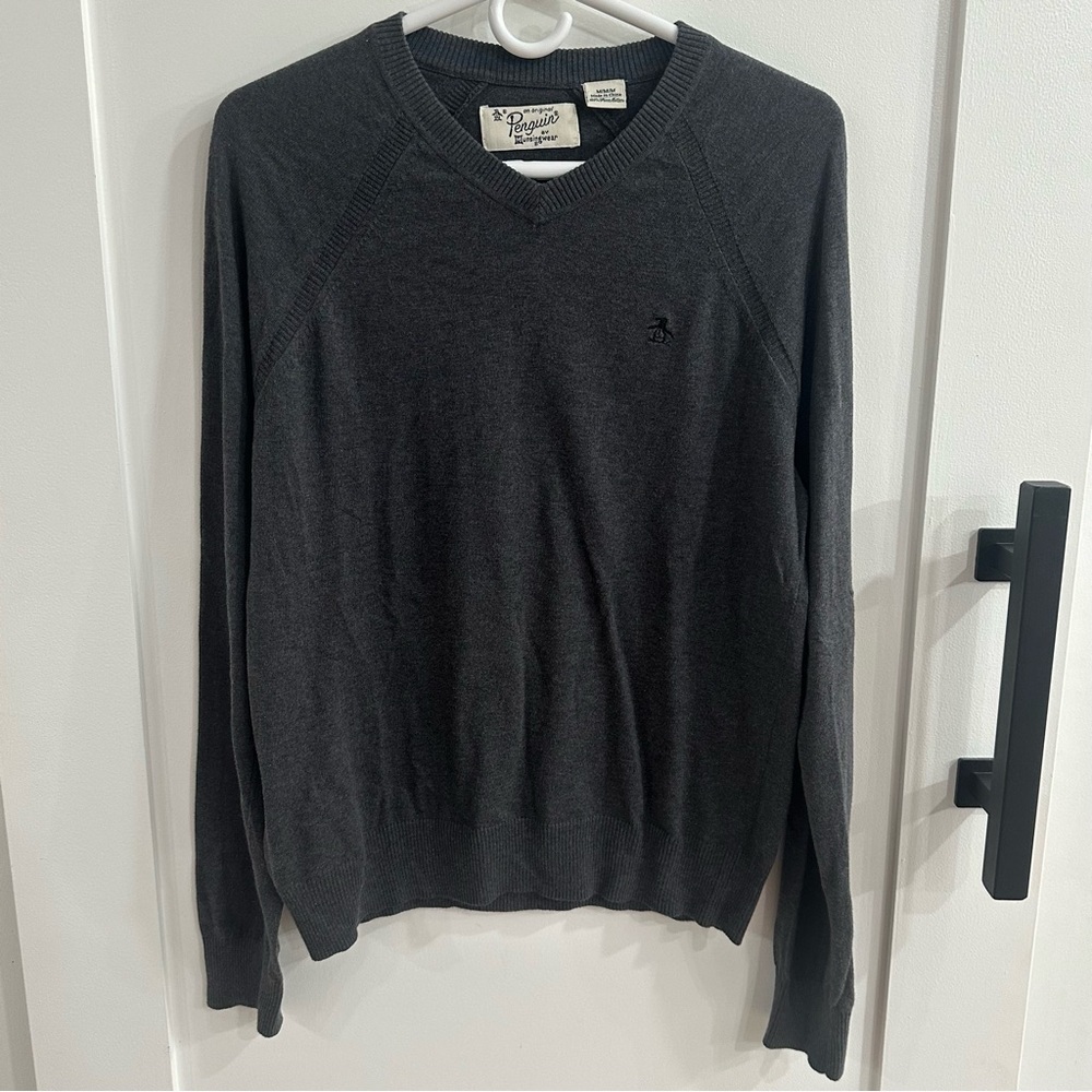 Original Penguin Pima Cotton V-Neck Sweater Gray Mens Medium 100% Cotton